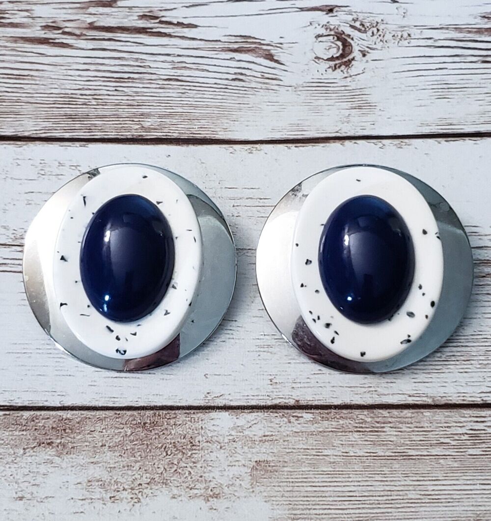 Vintage Clip On Earrings - Statement Silver Tone, Blue, White Extra Large